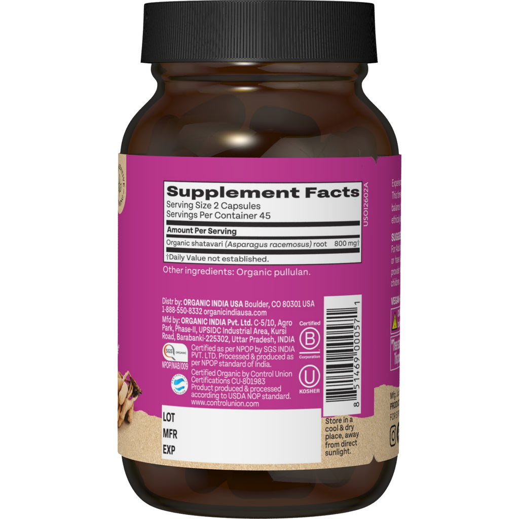 RGN033 | Supplement Facts back label for Organic India shatavari capsules, 45 servings - Thumbnail