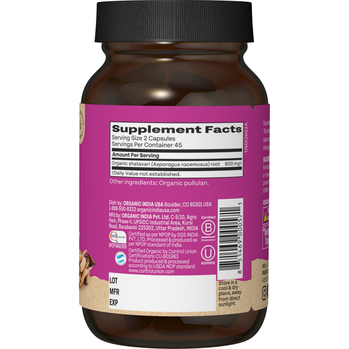RGN033 | Supplement Facts back label for Organic India shatavari capsules, 45 servings