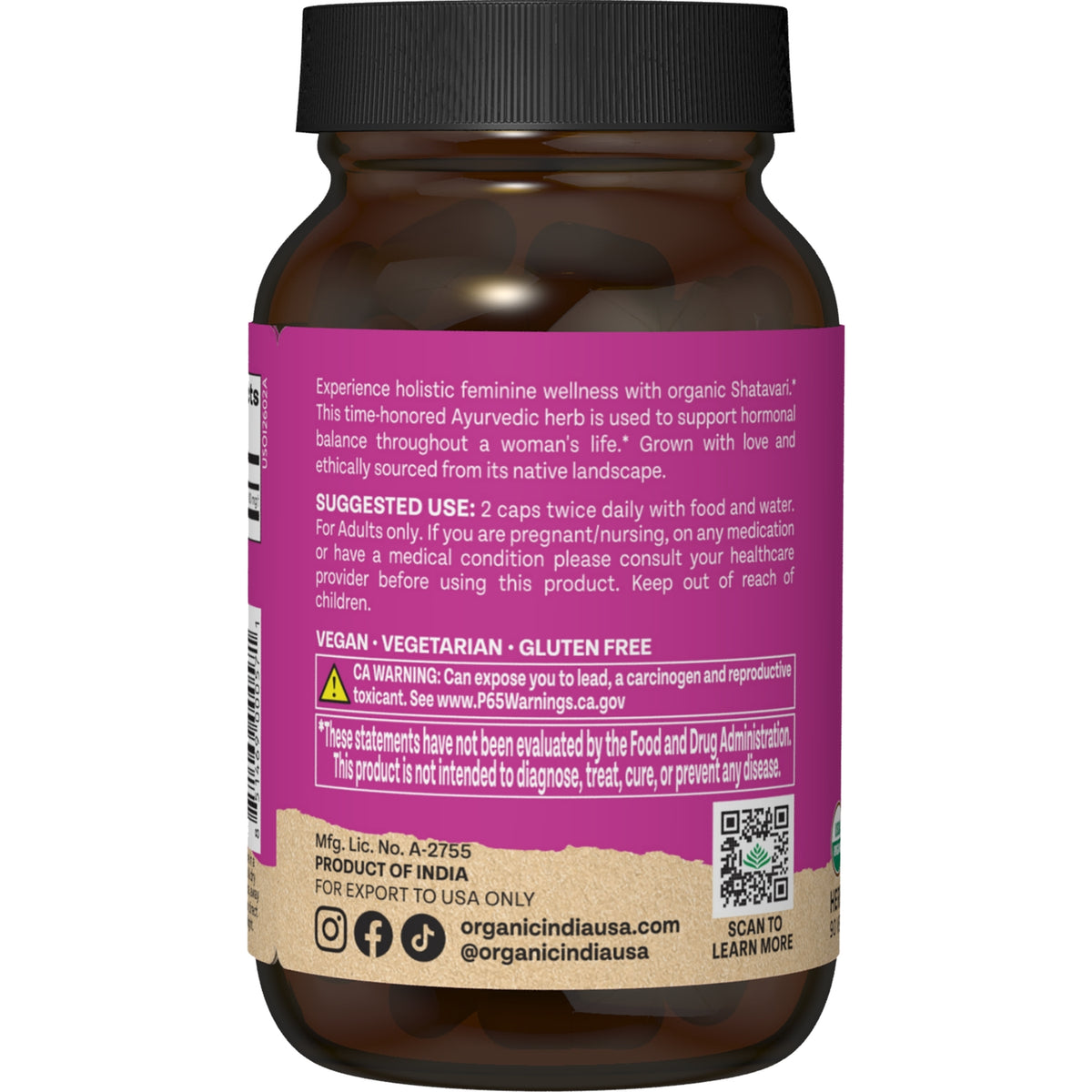 RGN033 | Back label of supplement bottle with suggested use, warnings, and organic India branding