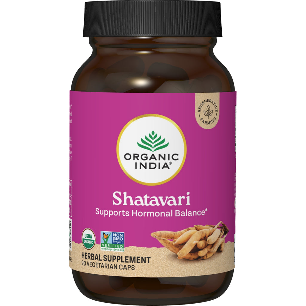 RGN033 | Organic India Shatavari herbal supplement bottle with pink label, 90 vegetarian capsules, USDA Organic - Thumbnail