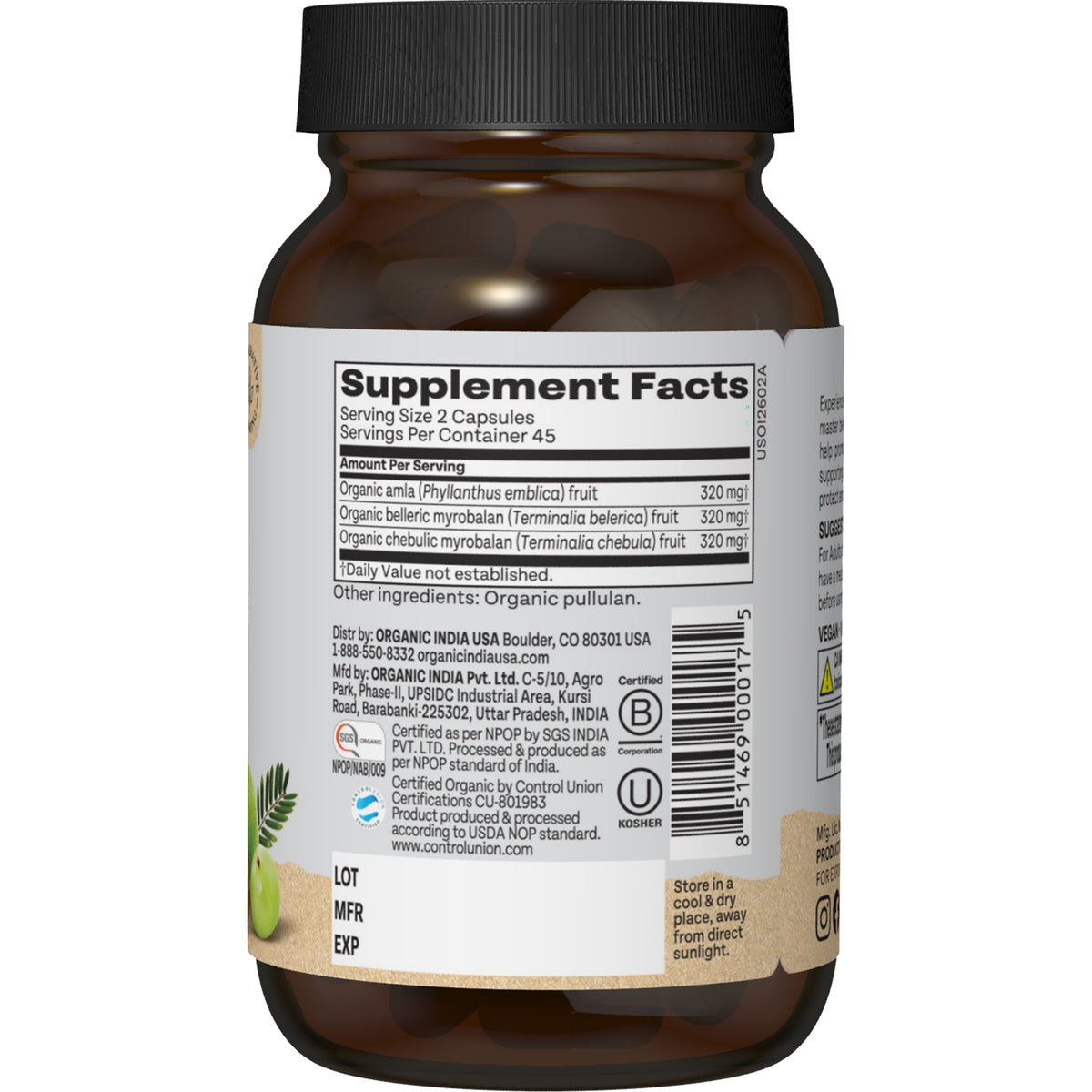 RGN036 | Supplement facts label for Organic India Triphala capsules