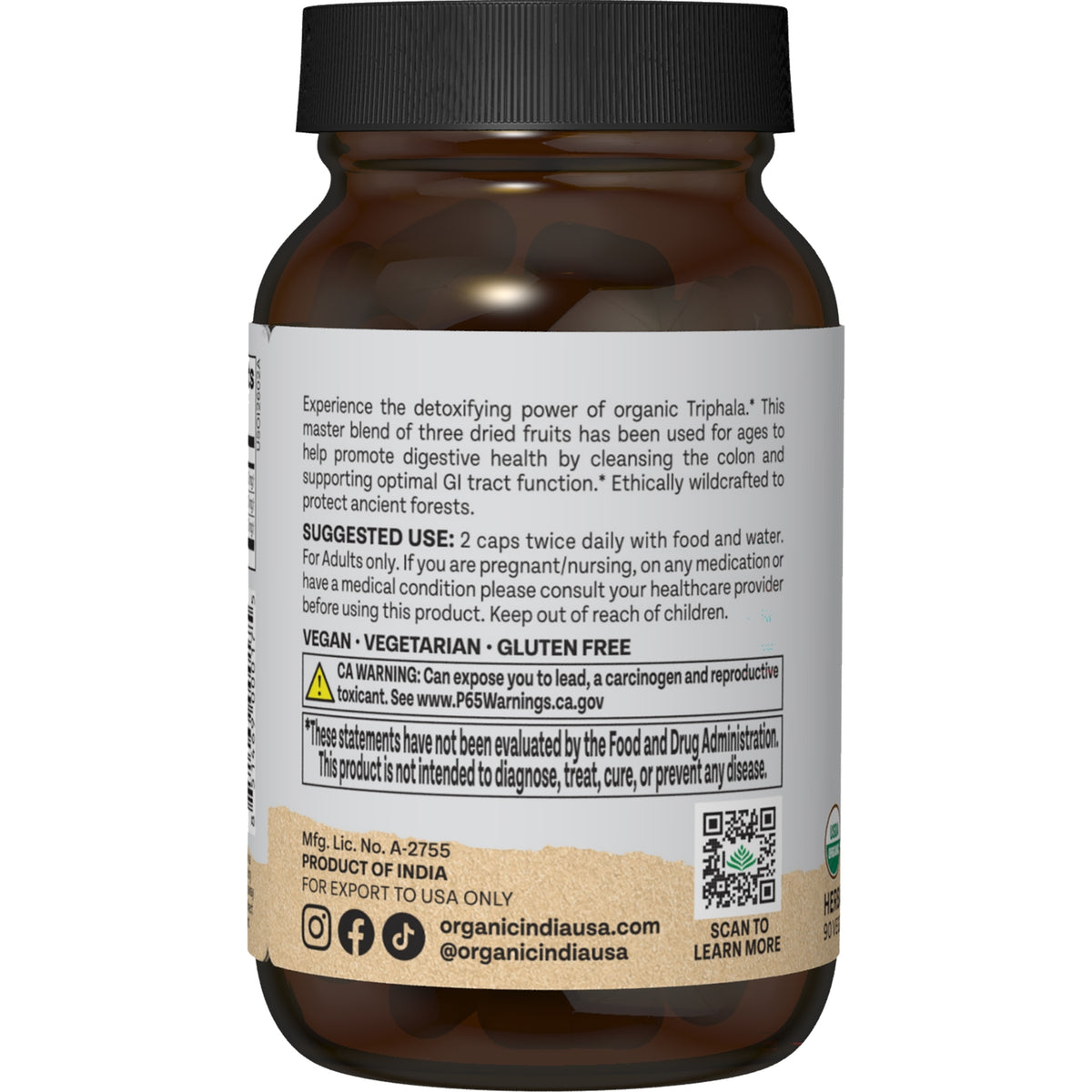 RGN036 | Back label of organic Triphala supplement bottle with suggested use and warning text