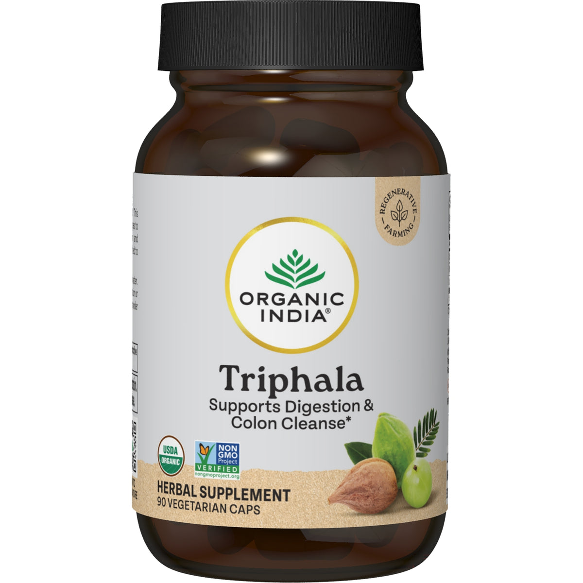 RGN036 | Organic India Triphala supplement bottle front labeled Digestion & Colon Cleanse, 90 vegetarian caps, USDA Organic