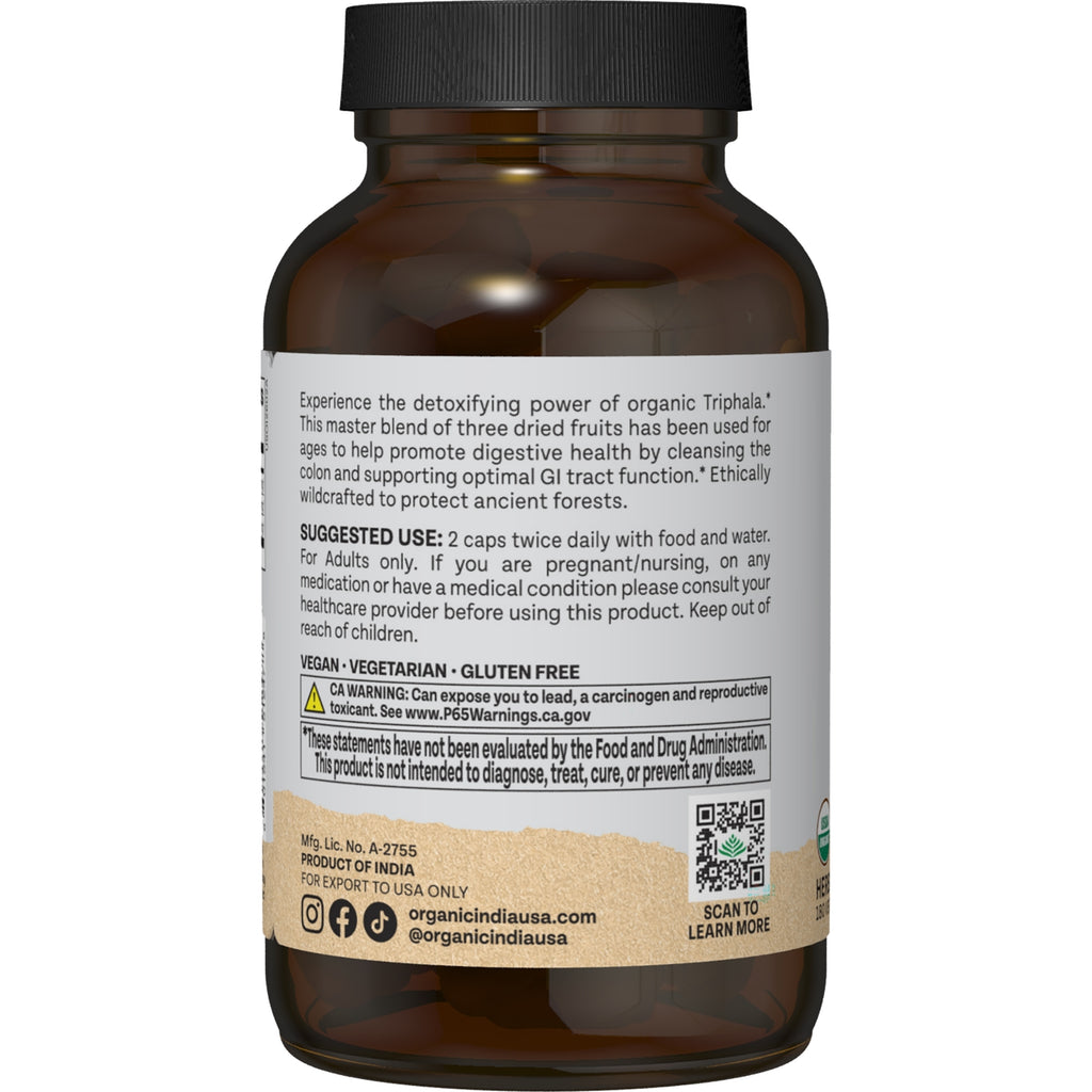 RGN078 | Back label of Organic India Triphala supplement with suggested use and warnings - Thumbnail