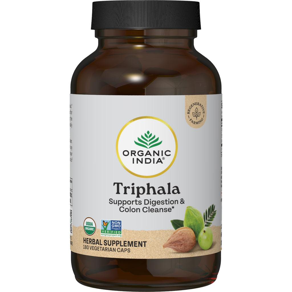 RGN078 | Organic India Triphala herbal supplement bottle front, Digestion & Colon Cleanse label, 180 vegetarian caps, USDA Organic - Thumbnail