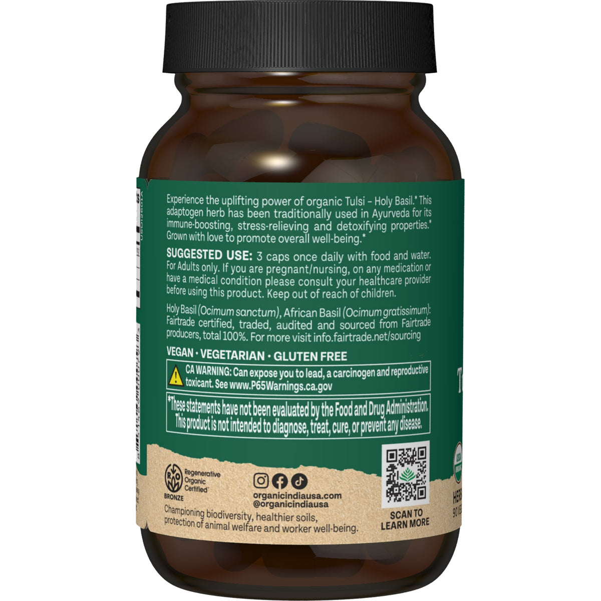 RGN035 | Organic Tulsi herbal supplement bottle back label with suggested use and warnings