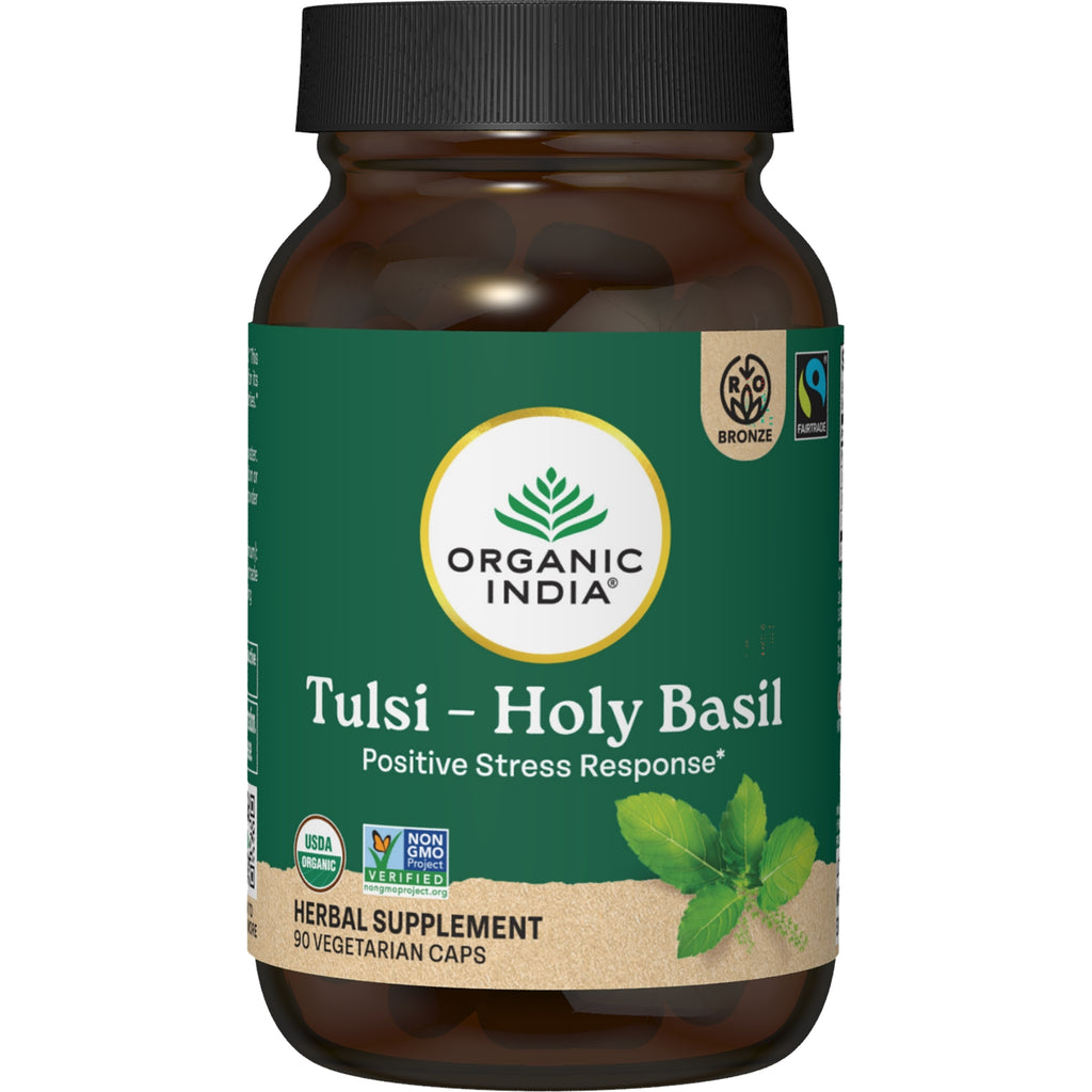 RGN035 | Organic India Tulsi - Holy Basil supplement bottle, label reads Positive Stress Response and shows USDA Organic seal - Thumbnail
