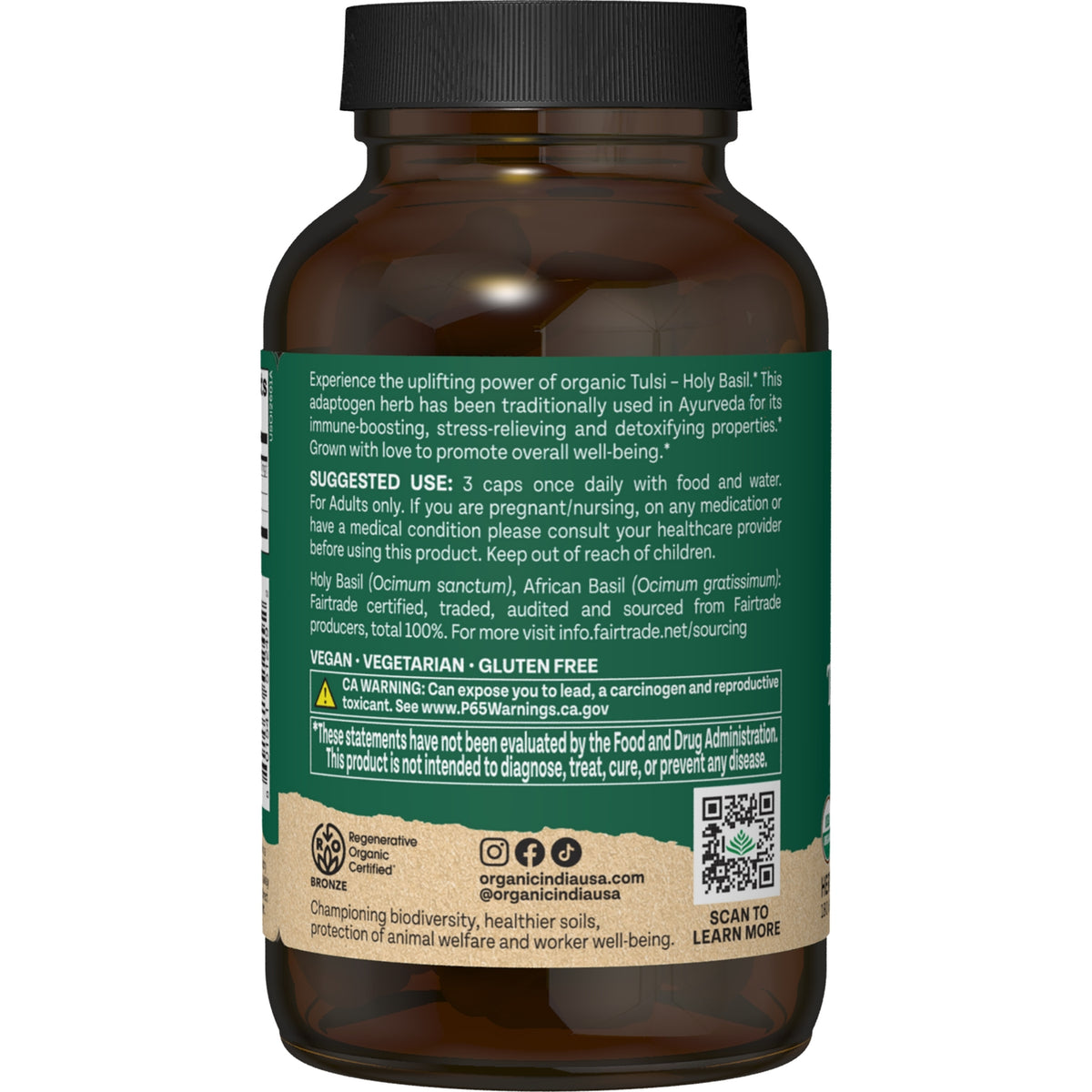RGN080 | Back label of organic Tulsi supplement with suggested use, warnings, and QR code
