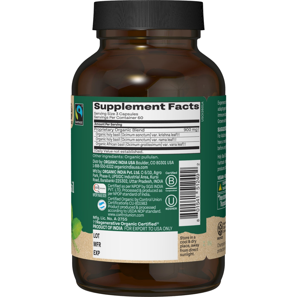 RGN080 | Back label with Supplement Facts, ingredient list, certifications, and barcode