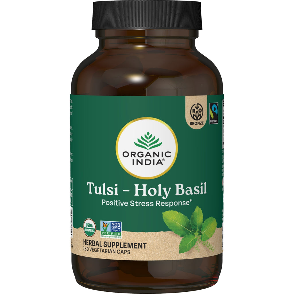RGN080 | Organic India Tulsi - Holy Basil supplement bottle front, 180 vegetarian caps, USDA Organic label - Thumbnail