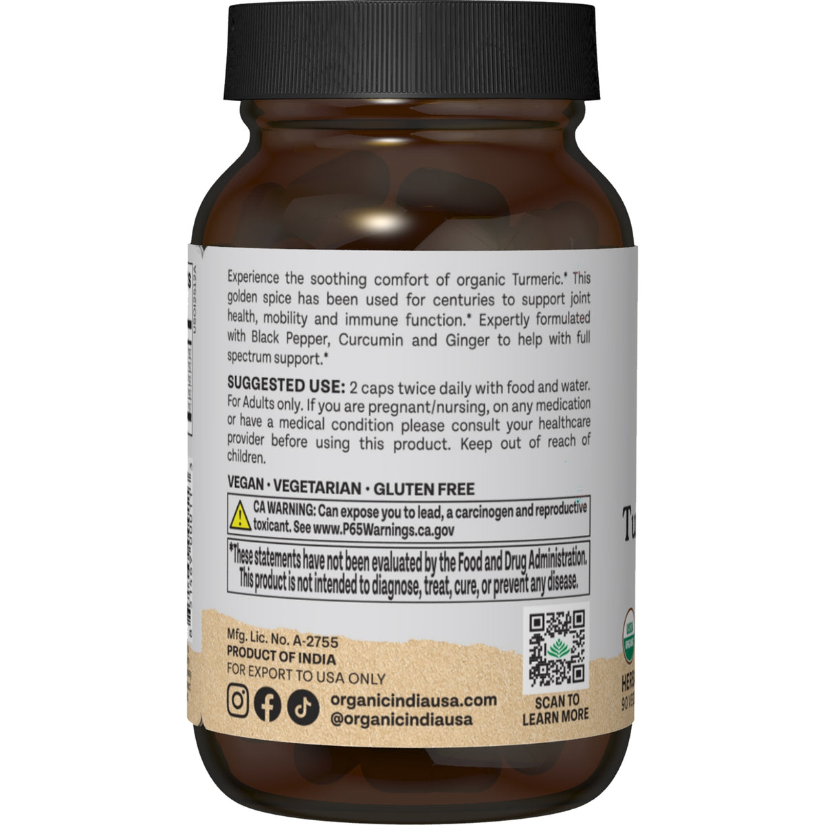RGN040 | Back label of turmeric supplement bottle with suggested use, warnings, and QR code