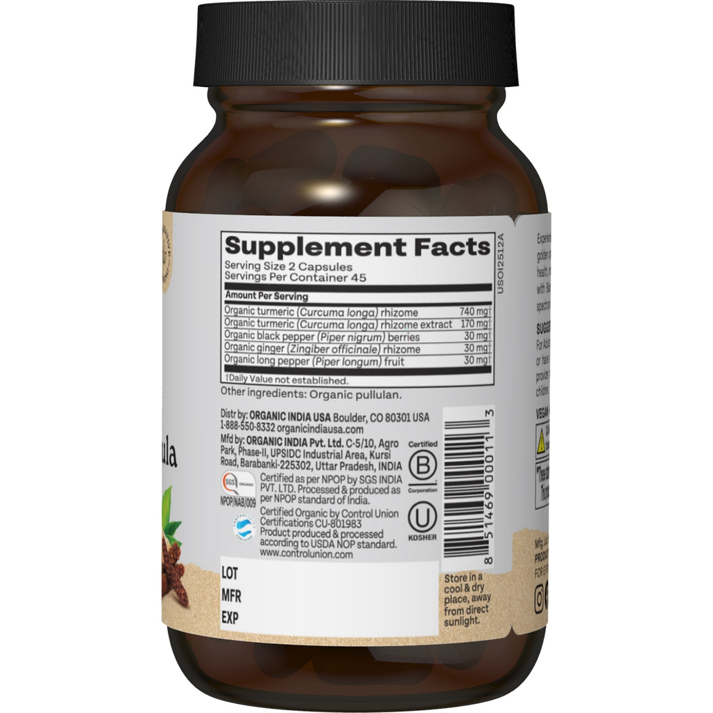 RGN040 | Supplement Facts panel on amber bottle of organic turmeric capsules - Thumbnail