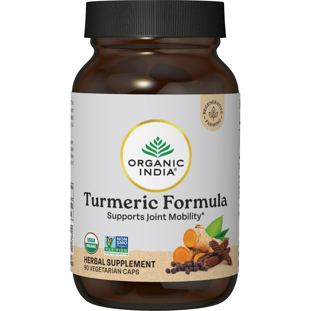 RGN040 | Organic India Turmeric Formula herbal supplement bottle labeled 90 vegetarian caps and USDA Organic