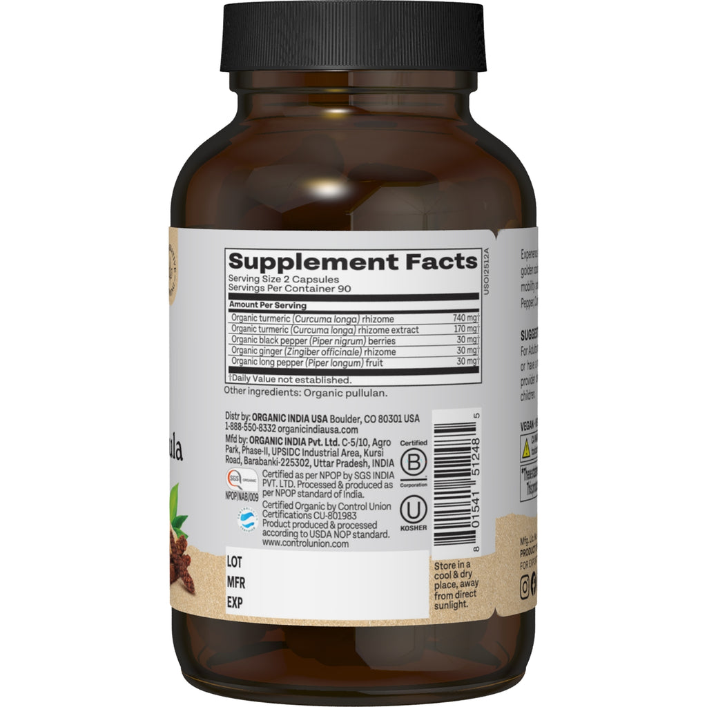 RGN079 | Supplement facts label on amber bottle of organic turmeric capsules - Thumbnail