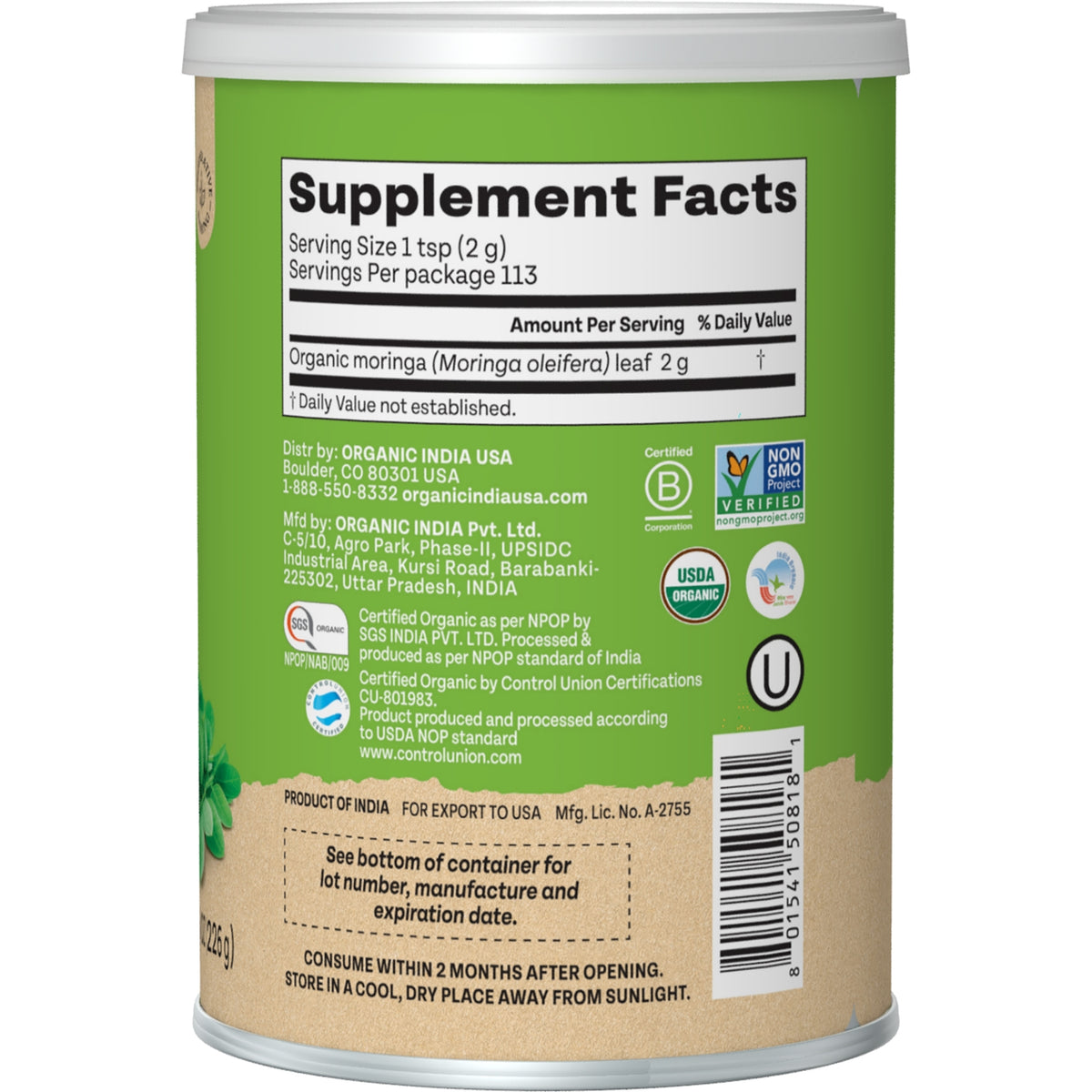 RGN058 | Back label of organic moringa powder supplement with facts, certifications, and barcode