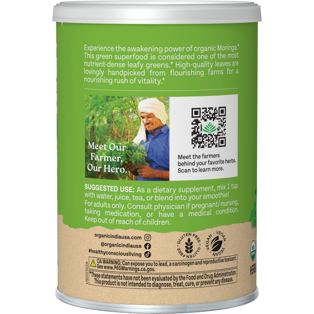 RGN058 | Back label of organic moringa powder with farmer photo, QR code, use directions, and warnings - Thumbnail