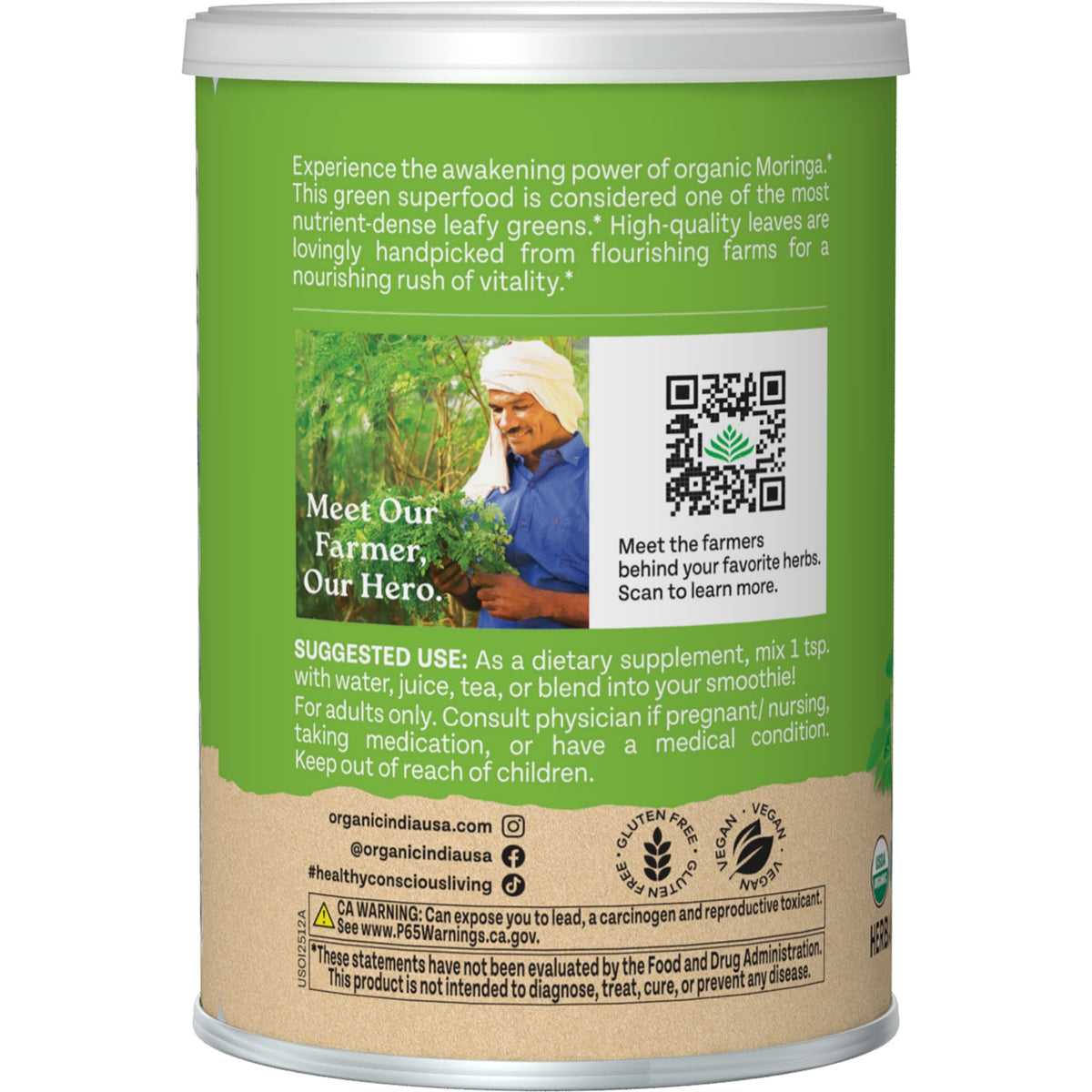 RGN058 | Back label of organic moringa powder with farmer photo, QR code, use directions, and warnings