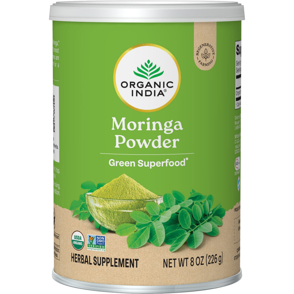 RGN058 | Organic India Moringa green superfood canister showing USDA Organic and Non-GMO labels - Thumbnail