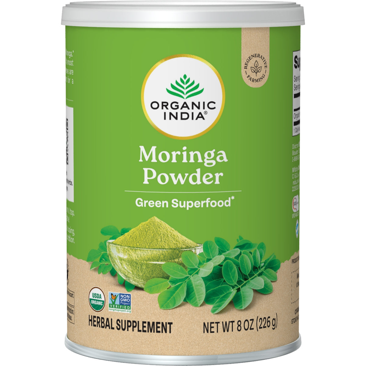 RGN058 | Organic India Moringa green superfood canister showing USDA Organic and Non-GMO labels