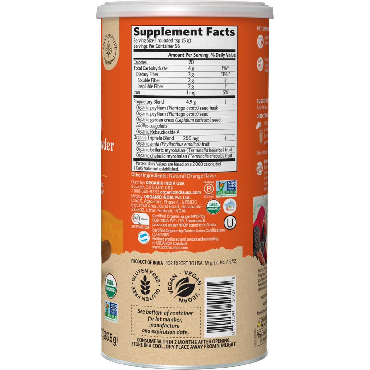 RGN112 | Back of cylindrical supplement container showing Supplement Facts panel, ingredient list, certification icons and barcode