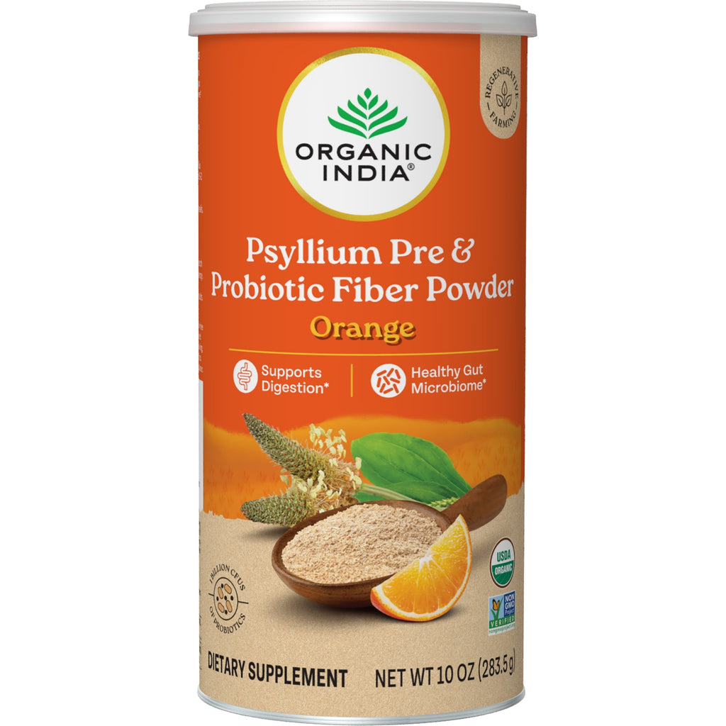 RGN112 | Organic India psyllium pre & probiotic fiber orange supplement can, front label with brand name and USDA Organic seal - Thumbnail