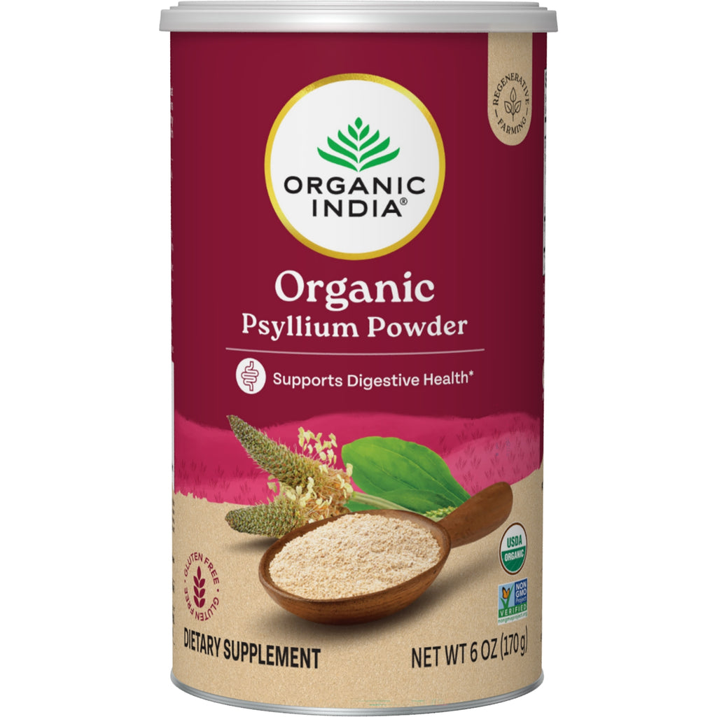 RGN111 | tin of Organic Psyllium Powder labeled ORGANIC PSYLLIUM POWDER with woman in field and USDA Organic badge - Thumbnail