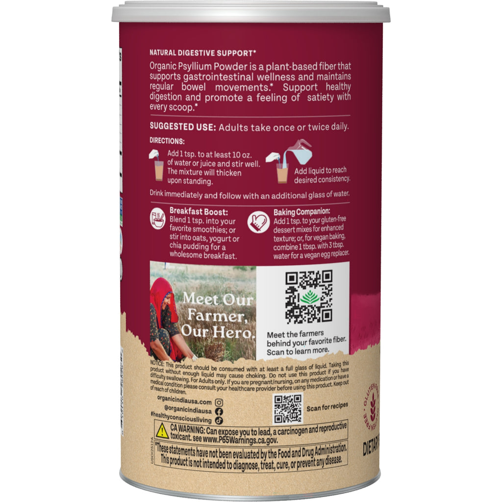 RGN111 | Back label of Organic India psyllium powder showing product benefits, directions, warnings and QR code - Thumbnail