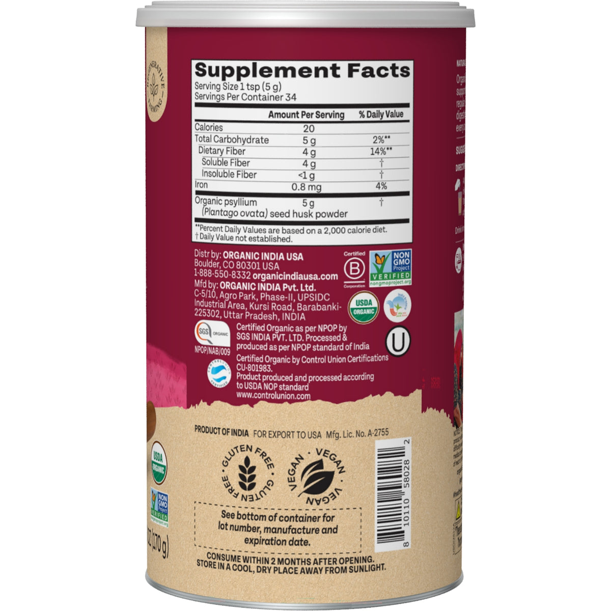 RGN111 | back of maroon supplement container showing Supplement Facts panel, barcode, certifications and storage instructions