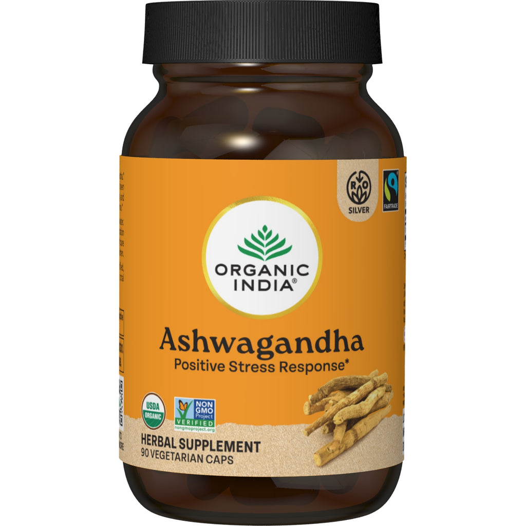 RGN039 | Organic India Ashwagandha supplement bottle front showing label Healthy Stress Response and USDA Organic seal - Thumbnail