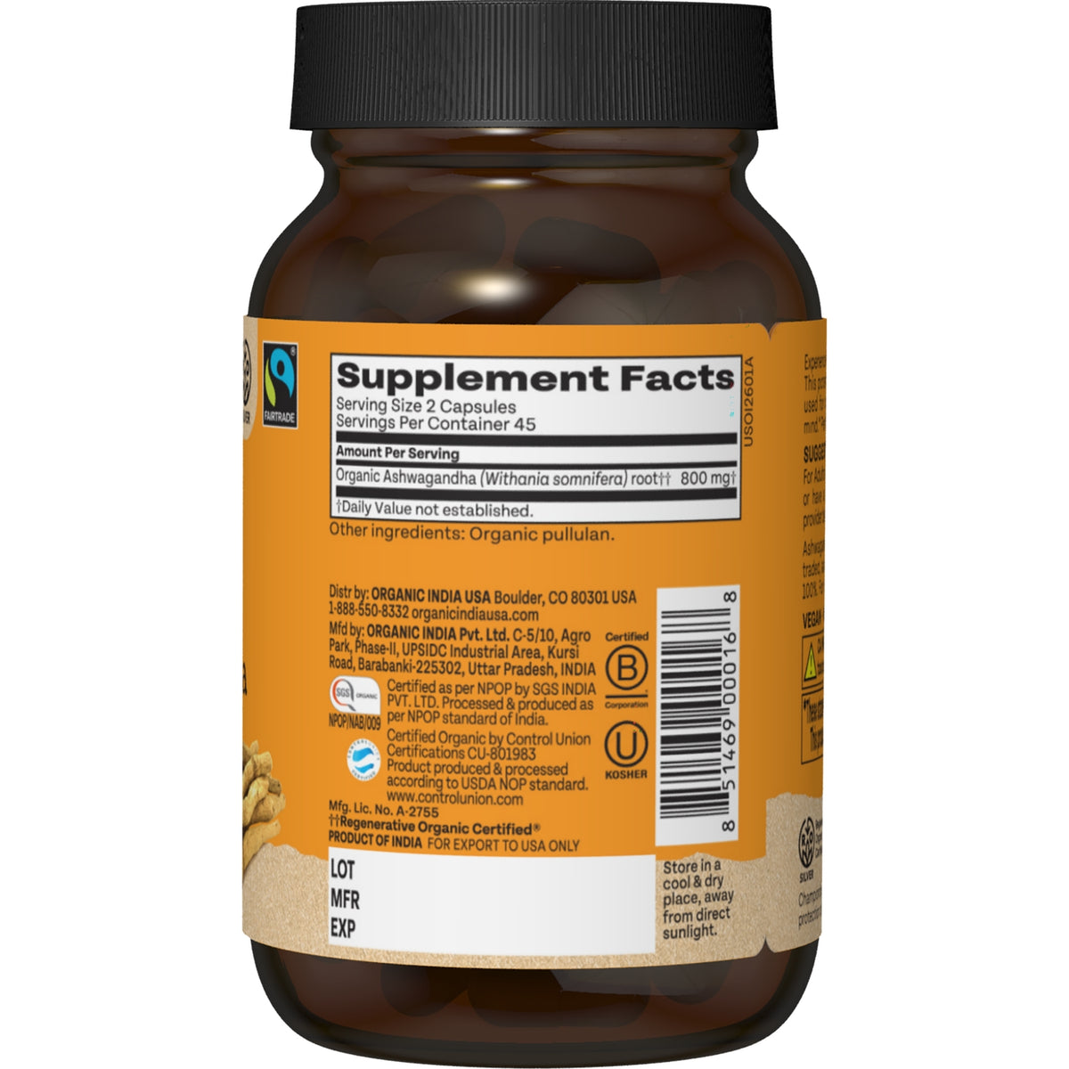 RGN039 | amber supplement bottle back showing Supplement Facts panel and product info label
