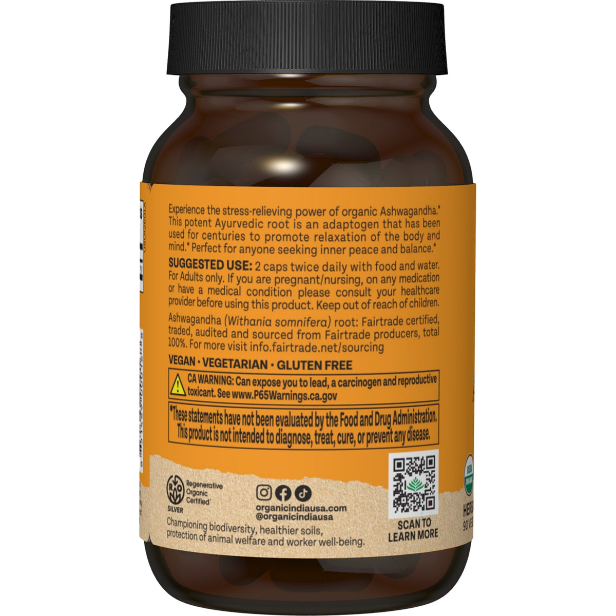 RGN039 | Back of amber supplement bottle showing label text Vegan Vegetarian Gluten Free and usage directions