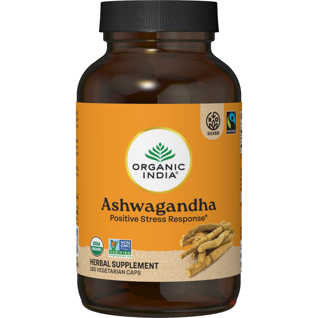 RGN077 | Organic India Ashwagandha supplement bottle, 180 vegetarian caps, USDA Organic label - Thumbnail