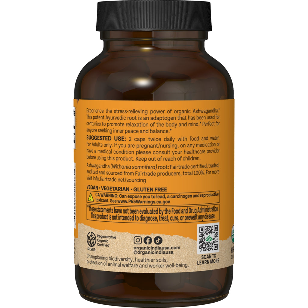 RGN077 | bottle back label showing ashwagandha capsules, vegan vegetarian gluten free, suggested use and warning - Thumbnail