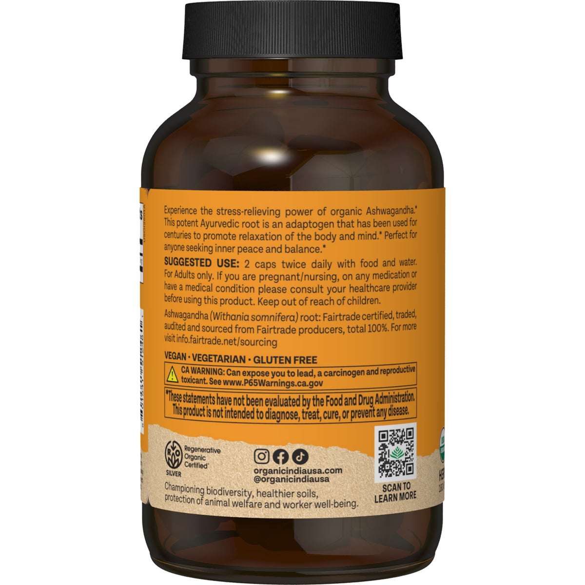 RGN077 | bottle back label showing ashwagandha capsules, vegan vegetarian gluten free, suggested use and warning
