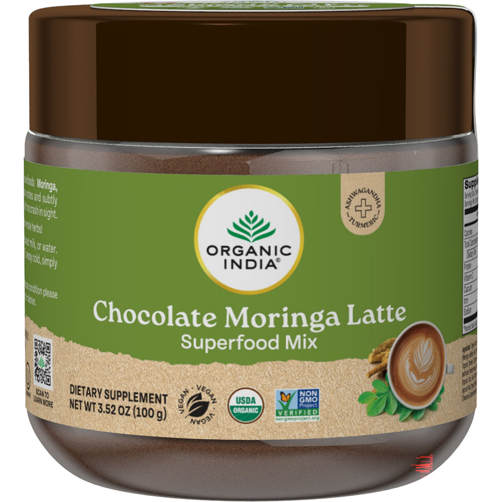 RGN109 | Organic India Chocolate Moringa Latte superfood mix jar, front label - Thumbnail