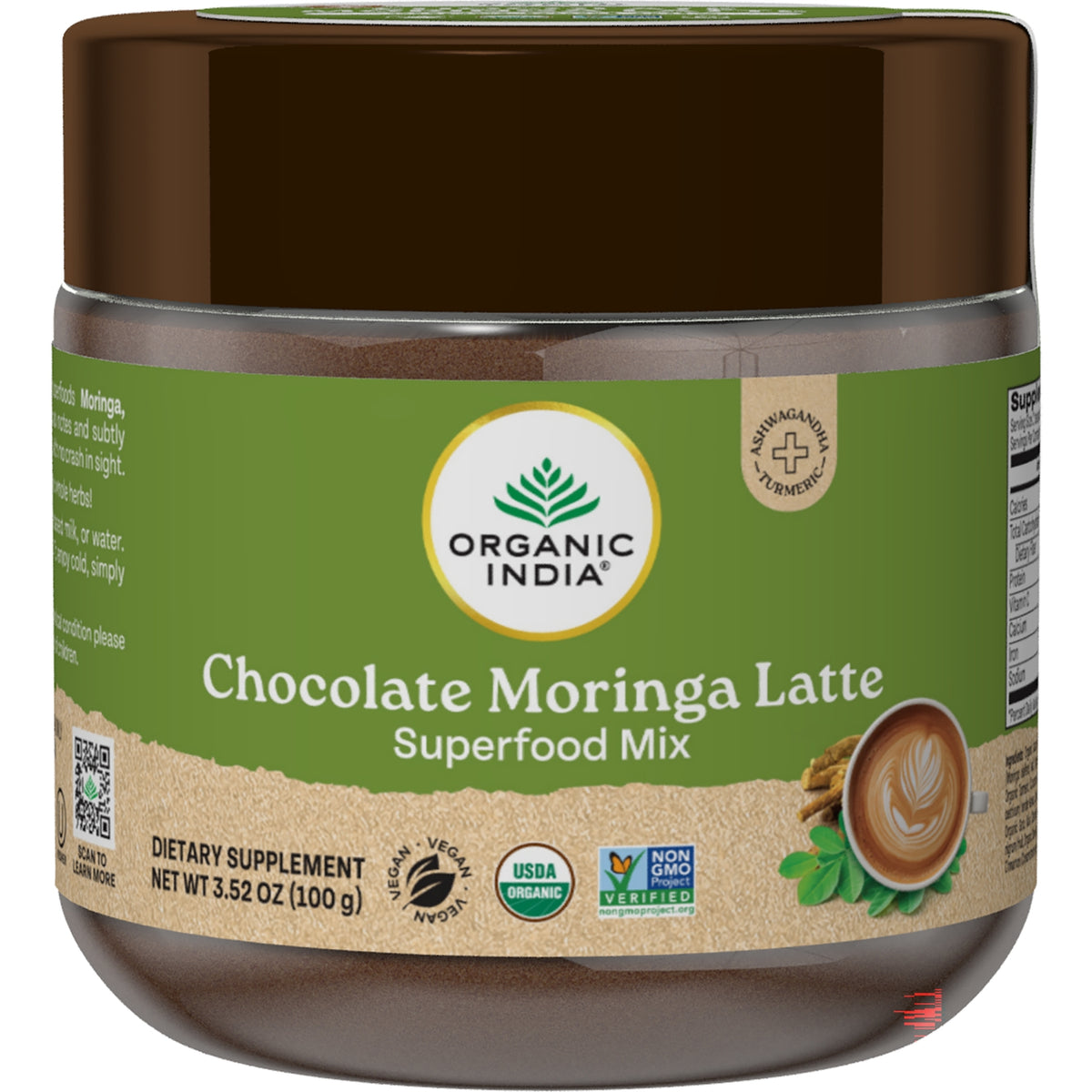 RGN109 | Organic India Chocolate Moringa Latte superfood mix jar, front label