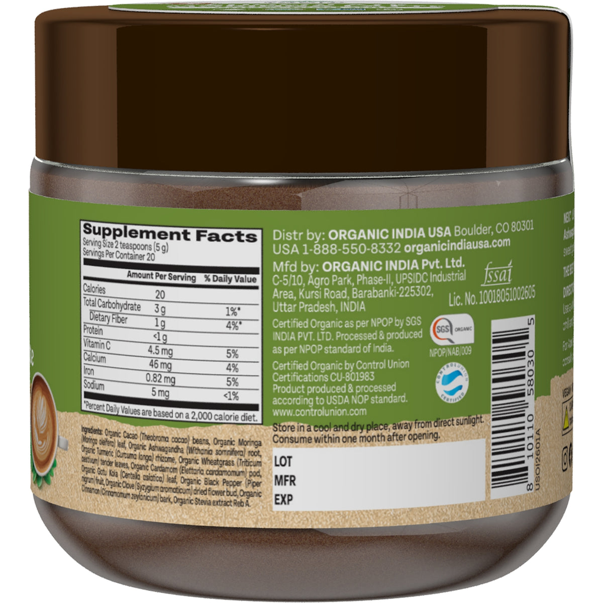 RGN109 | back label showing supplement facts table, ingredient list, barcode and certification logos on jar