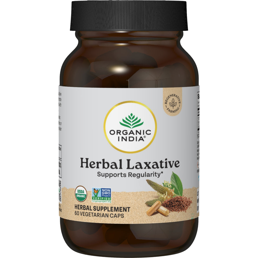 RGN113 | Organic India Herbal Laxative Senna-Free Formula bottle with front label showing 60 veg caps - Thumbnail
