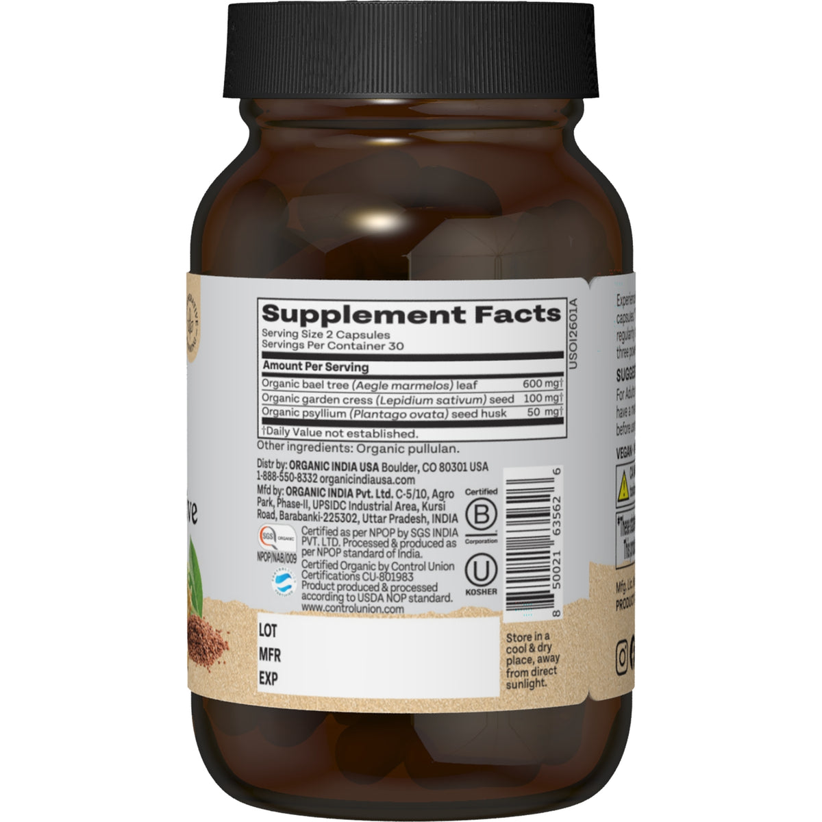 RGN113 | supplement facts label, ingredients and barcode on back of brown supplement jar