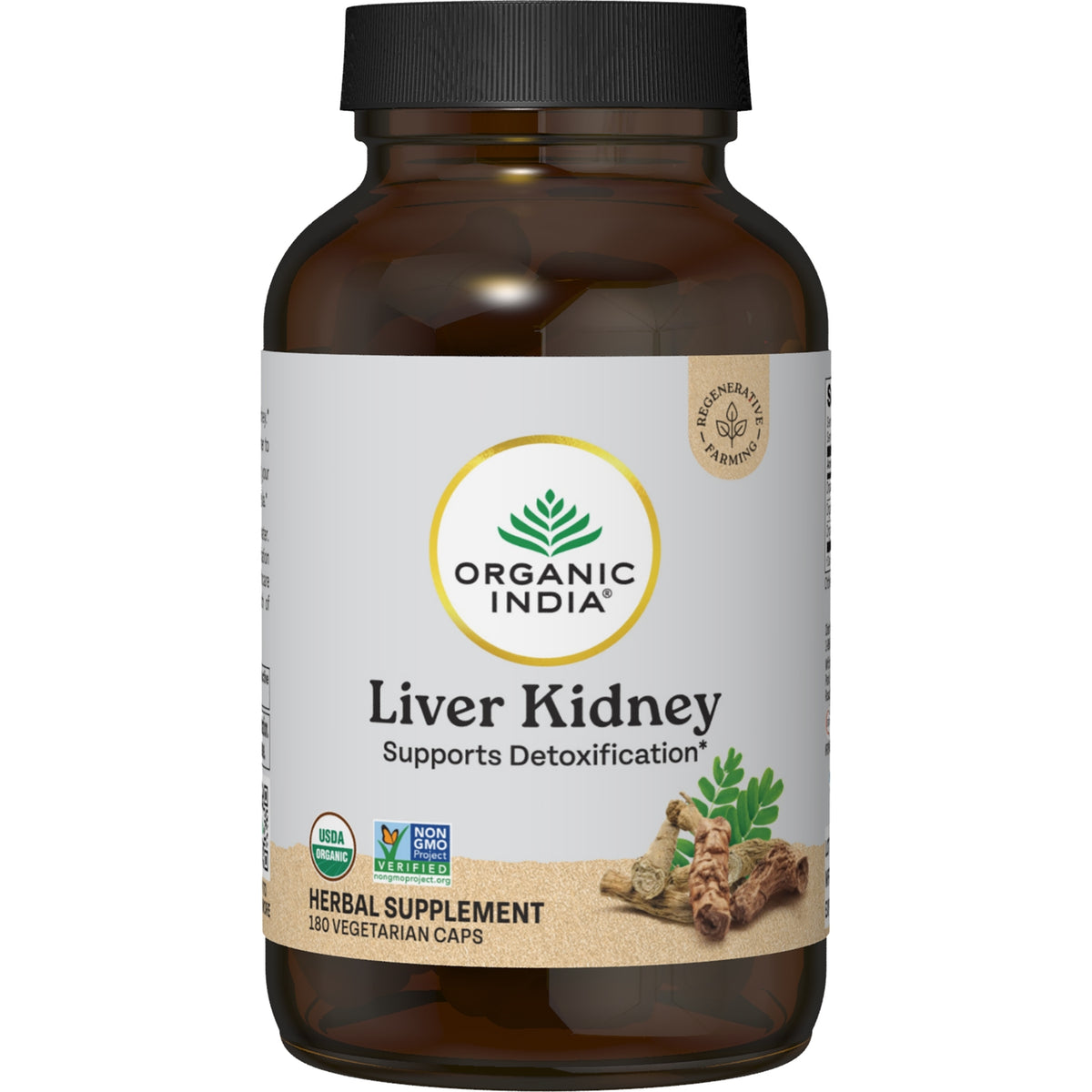 RGN098 | Organic India Liver Kidney supplement bottle labeled Detoxify & Rejuvenate, 180 veg caps