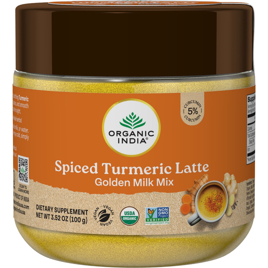 Organic India Spiced Turmeric Latte golden milk mix jar, front label showing product name and logo - Thumbnail