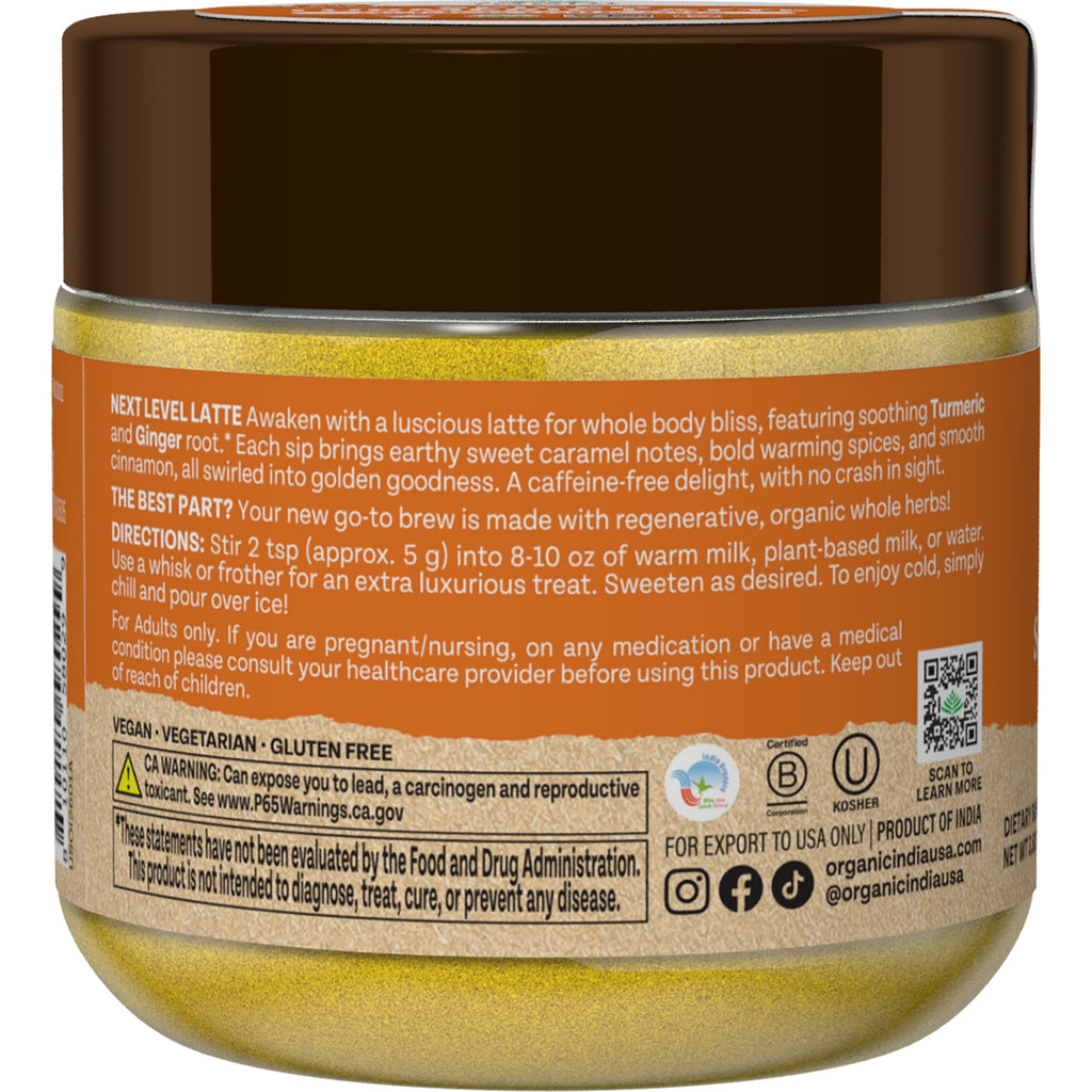 RGN110 | Back label of turmeric latte jar showing product description, directions, vegan vegetarian gluten free and warning - Thumbnail