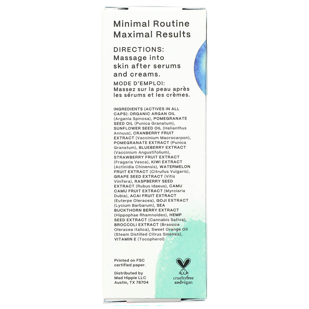 Back panel with directions and ingredients list including Organic Argan Oil, Pomegranate Seed Oil, and Vitamin E
