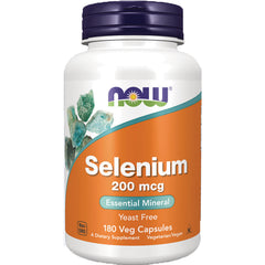 NWF704 | NOW Selenium 200 mcg dietary supplement bottle with orange label, 180 veg capsules