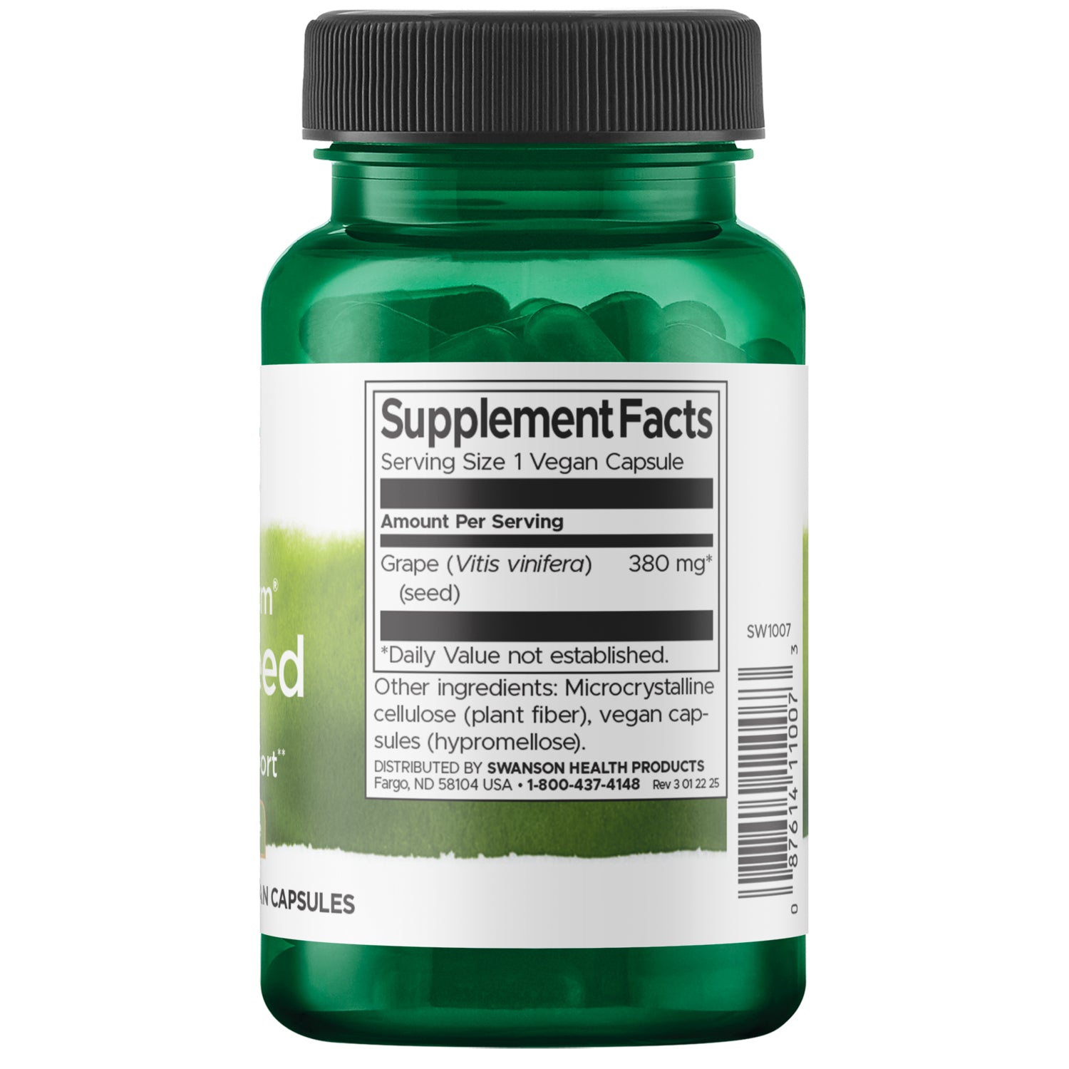 SW1007 | Back label with Supplement Facts: Grape (Vitis vinifera) seed 380 mg; serving size 1 vegan capsule