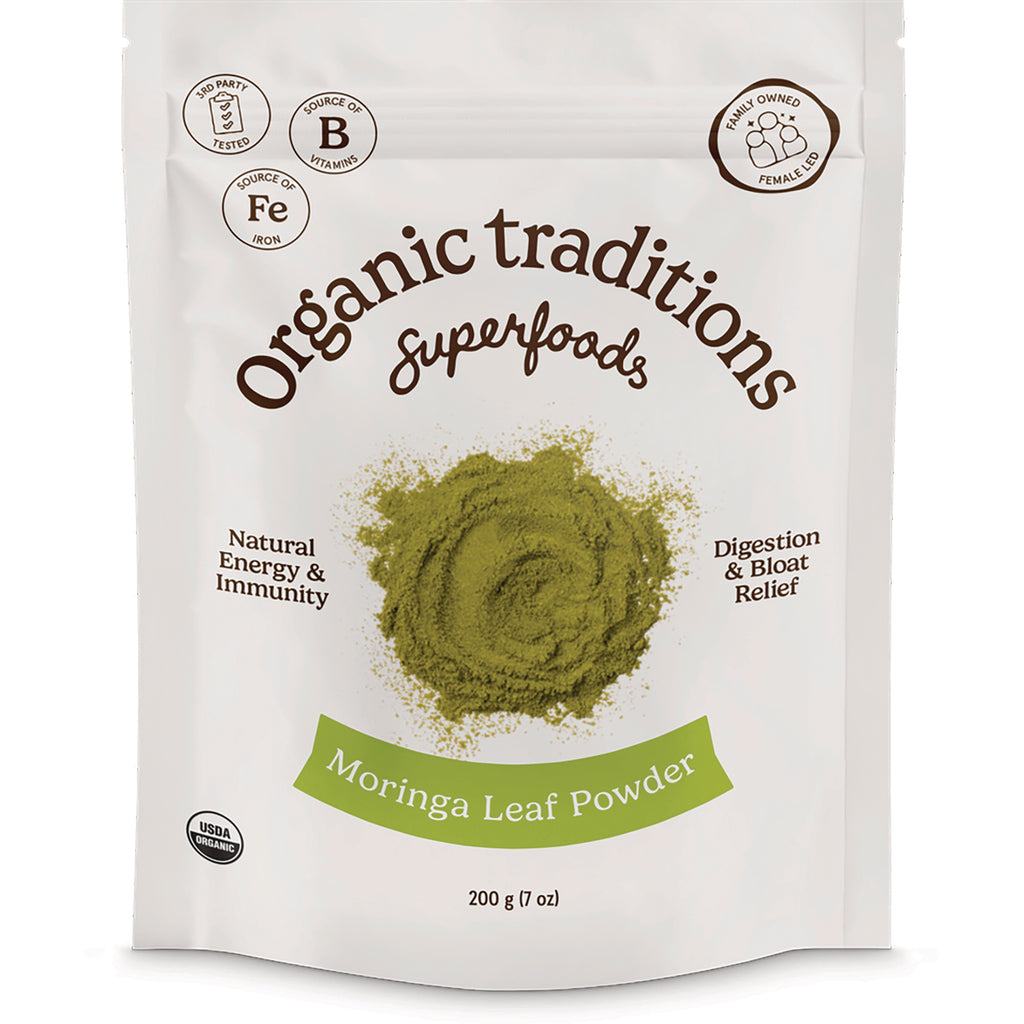 OTR102 | Organic Traditions Moringa Leaf Powder 200 g front pouch with green powder graphic and USDA organic seal - Thumbnail