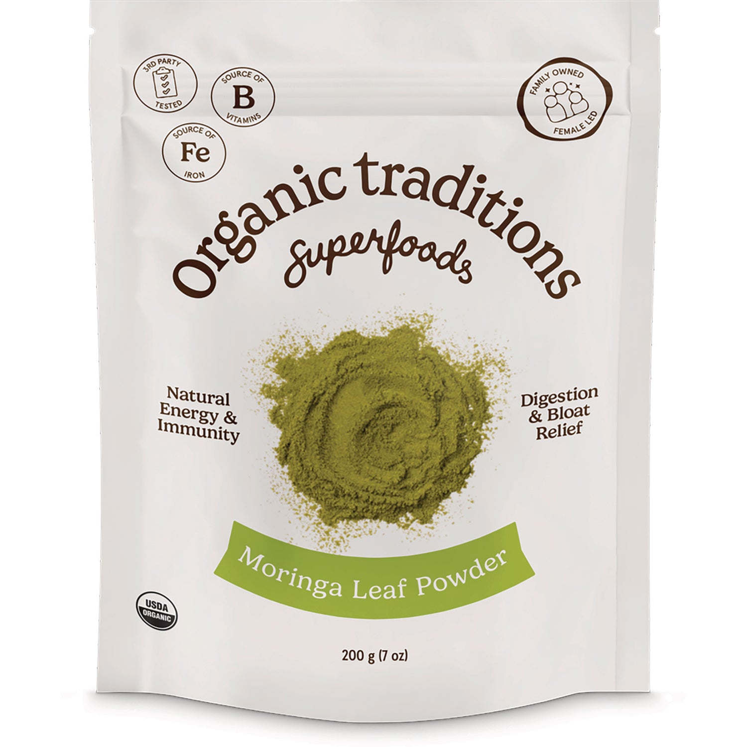 OTR102 | Organic Traditions Moringa Leaf Powder 200 g front pouch with green powder graphic and USDA organic seal