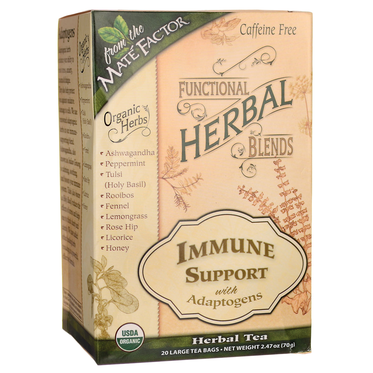 MTF014 | Functional Herbal Blends Immune Support herbal tea box labeled USDA Organic and caffeine free