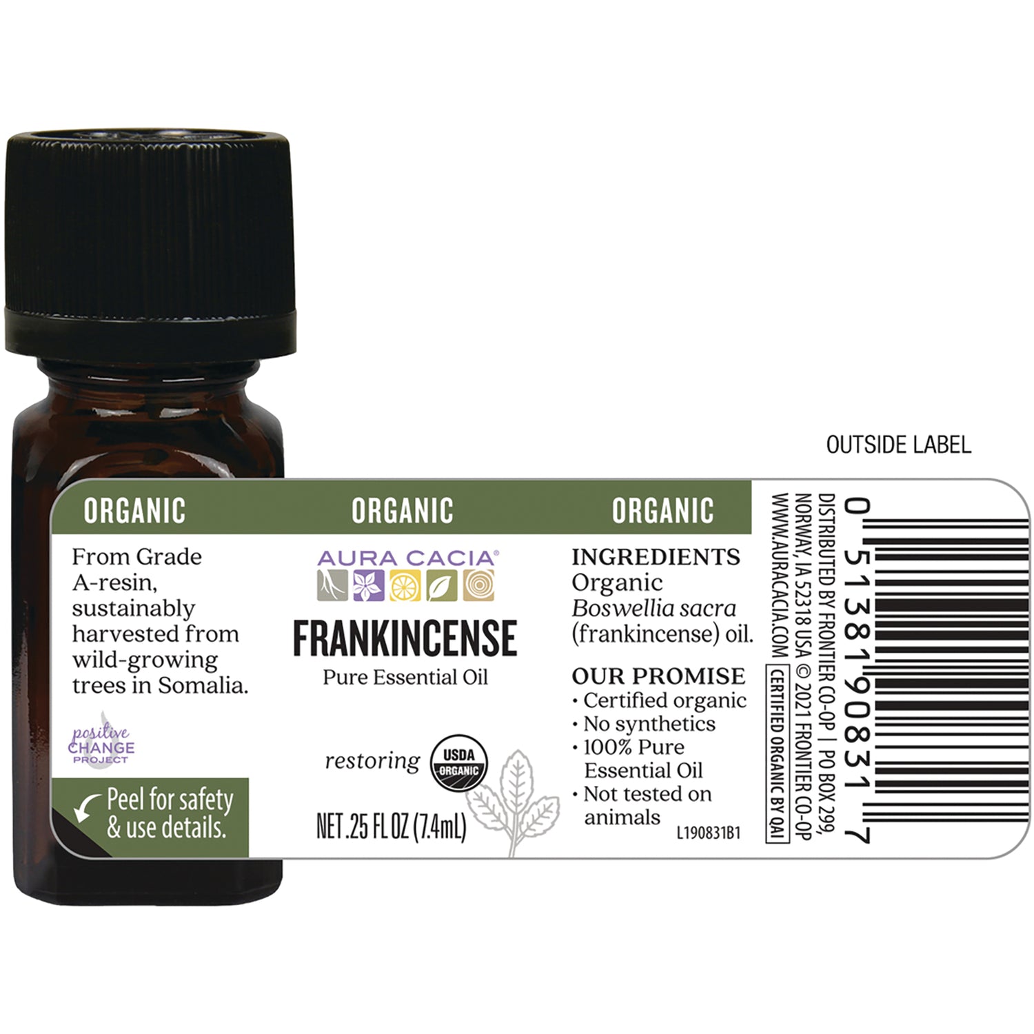 ARC277 | Aura Cacia Frankincense pure essential oil back label with ingredients, USDA Organic seal and barcode