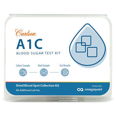 Carlson A1C blood sugar test kit packaging showing dried blood spot collection kit and icons for collect mail get results